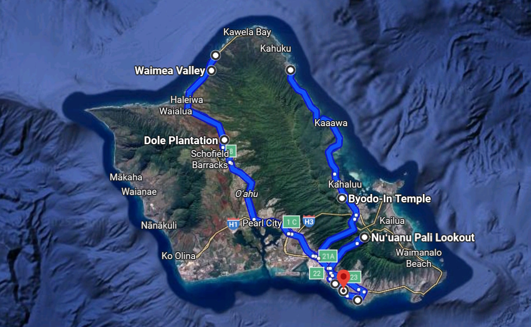 Map showing the Oahu Circle Island Tour route including Byodo-In, North Shore, and Dole Plantation